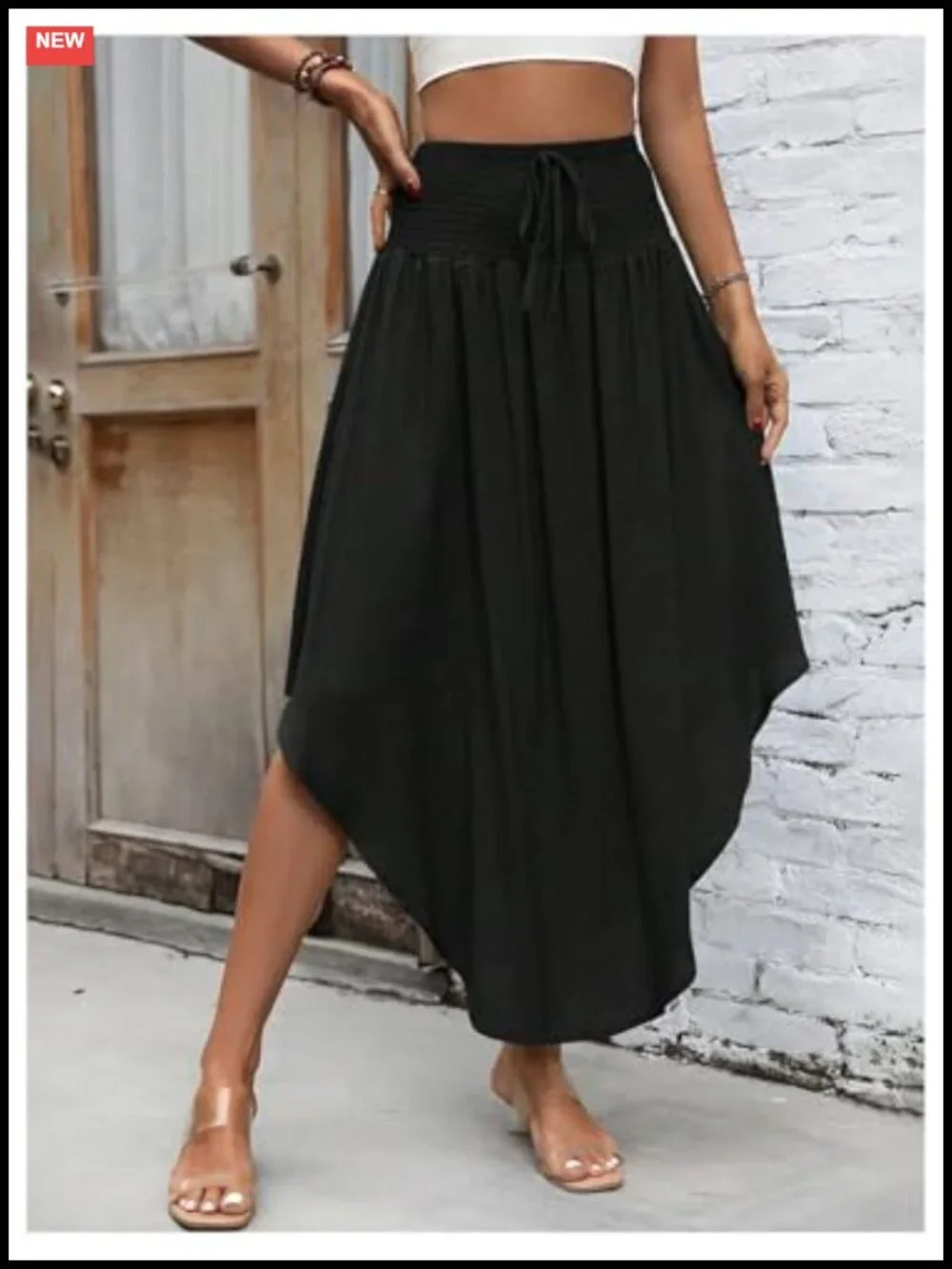 Asymmetrical Shirred Waist Maxi Skirt Long Flowy Beach Vacation